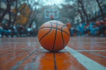 Basketball ball lying on wooden court in urban area