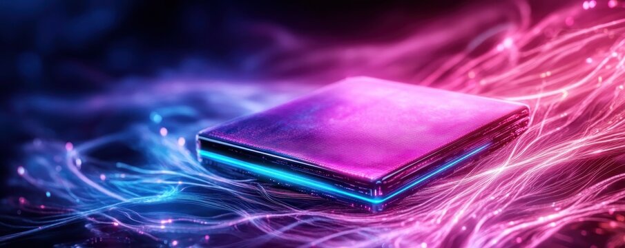 Futuristic chip processor with neon glowing lines and abstract energy flow, ideal for high-tech concepts, modern computing, or artificial intelligence visuals This digital design features a central