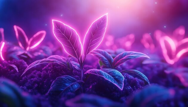 Glowing Neon Plants A Mesmerizing Scene of Futuristic Flora, Featuring Vibrant Pink and Purple Hues Illuminating Tiny Sprouts Emerging From Rich Dark Soil Captivating, Fantasy Style Image Showcasing