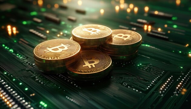 Golden Bitcoins gleam on a futuristic circuit board, symbolizing digital finance, technology, and the future of currency This image captures the convergence of virtual assets and technological