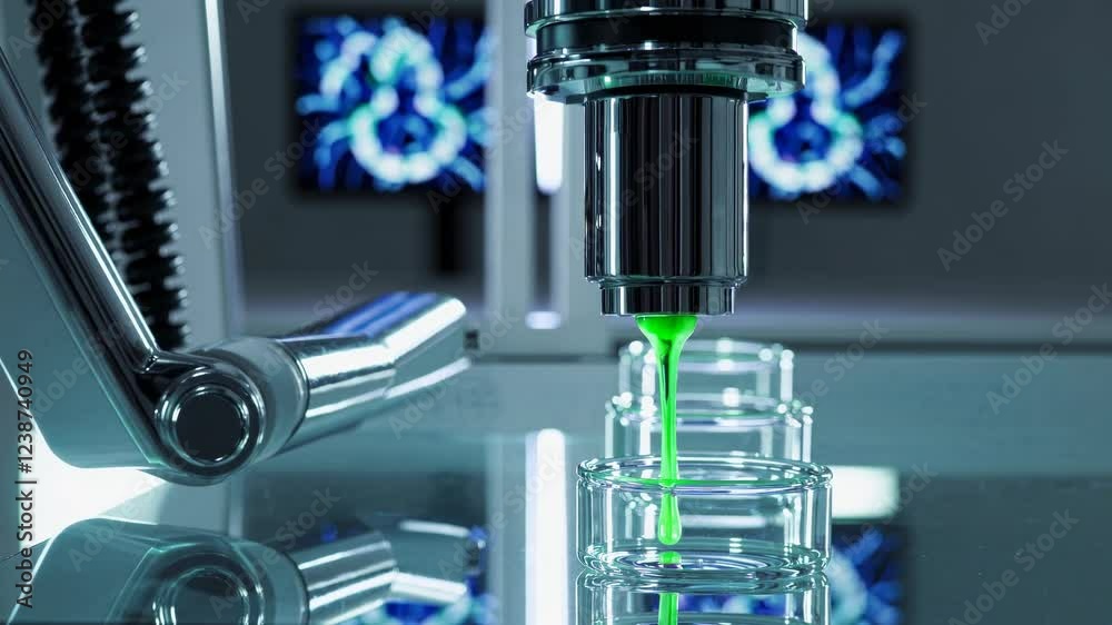 Leinwandbilder exploring the process of high-tech liquid deposition in a futuristic lab setting with vibrant green 
