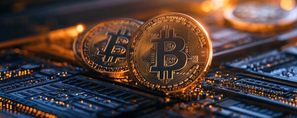 Golden Bitcoin Cryptocurrency Coins on Digital Circuit Board, a close up macro view highlighting the technological integration and concept of decentralization Ideal for financial technology