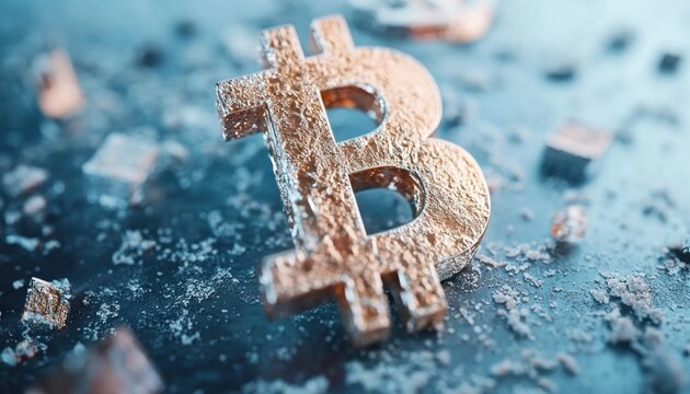 Golden Bitcoin cryptocurrency symbol rendered in 3D close-up view, with a textured surface and scattered debris on a dark background, representing digital currency, decentralized finance, blockchain