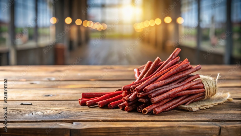 Poster a rustic wooden table displays a bundle of thin, red, chewy sticks tied with twine.