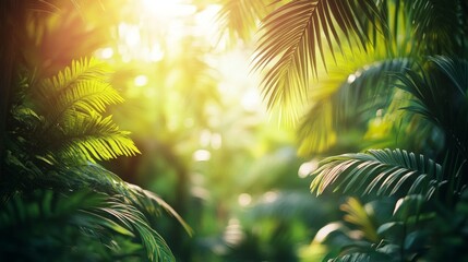 Fototapeta premium Sunlight streams through vibrant palm leaves in a dense tropical forest, creating a serene and tranquil atmosphere during the early morning hours