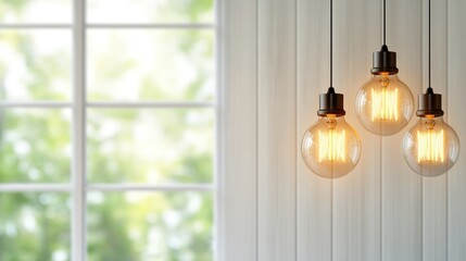 A trio of beautifully designed vintage glass pendant lights illuminates a soft, blurred background, creating an inviting and warm atmosphere perfect for modern interiors.