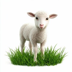 Obraz premium Cute lamb standing in fresh green grass, isolated on white background