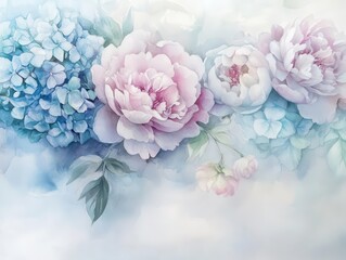 ethereal watercolor garden scene with oversized peonies and hydrangeas in dreamy pastel blues and blush pinks, flowing organically across a misty white background