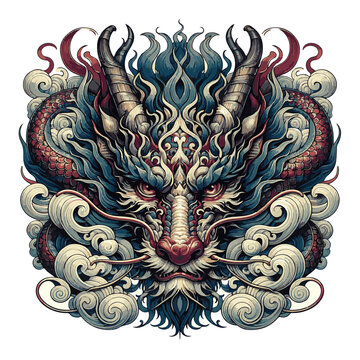 Volto di drago orientale in stile fumetto. Arte tradizionale cinese e giapponese. Generative AI	