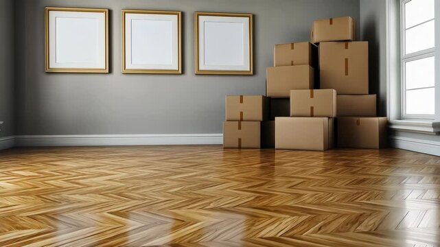 An empty room showcases stacked moving boxes, polished wooden flooring, and three blank frames on the wall ready for decoration