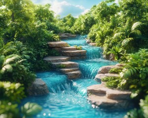 Fototapeta premium Majestic waterfall cascading down rocky steps amidst lush green jungle foliage, creating a serene tropical landscape This breathtaking scene captures the beauty of nature's artistry, with vibrant