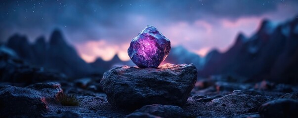 Mystic glowing crystal on a rocky landscape with a purple hue, a digital render of a fantasy magical rock against a twilight sky with clouds and mountains Isolated stone with a mysterious light