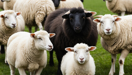 Fototapeta premium Black Sheep Standing in the Middle of a White Sheep Crowd. Black Sheep Surrounded by a Crowd of White Sheep. Metaphorical Scene. Standing out from the crowd black sheep among a flock of white sheep.