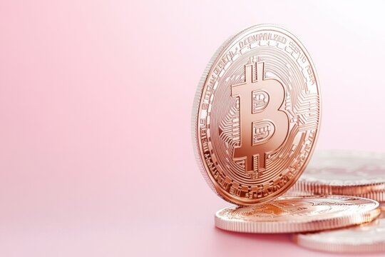 Rose Gold Bitcoin Cryptocurrency Coins Stacked on a Pink Background, Digital Currency Investment, Modern Finance, Online Trading, Crypto Asset, Electronic Money, Blockchain Technology, Financial
