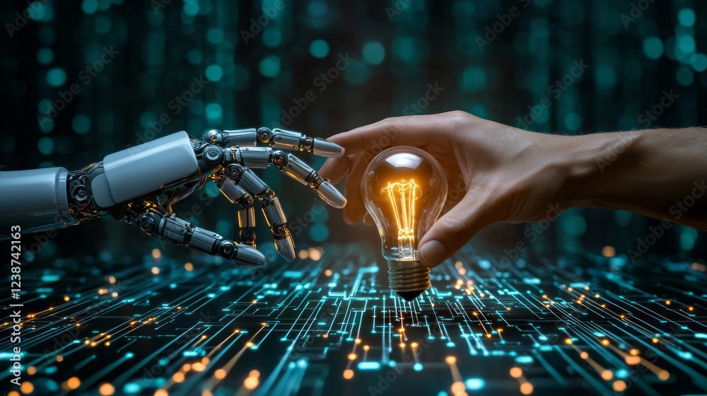 Poster In a high-tech environment, a human hand presents a glowing light bulb to a robotic hand, symbolizing the merging of human ingenuity and technology. Bright circuits and patterns surround them