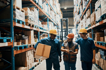 Warehouse workers collaborating and carrying packages in logistics center