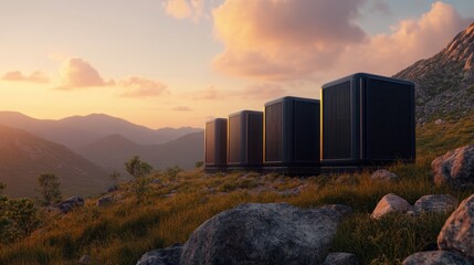 Serene Mountain Data Center Landscape at Sunset Explore the juxtaposition of modern technology and tranquil nature in this scenic image, showcasing a row of sleek servers against a backdrop of