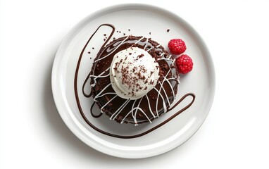 Fototapeta premium Decadent Chocolate Lava Cake on a Fancy Dessert Plate, with a Scoop of Vanilla Ice Cream and a Raspberry Drizzle, Top-Down View