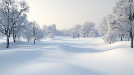 Obraz premium Snow-covered landscape with serene trees at dusk in a tranquil winter setting. Generative AI