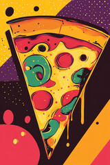 A bright and artistic depiction of a pizza slice adorned with pepperoni, olives, and vibrant colors set against a bold geometric background, showcasing a fun and playful culinary style