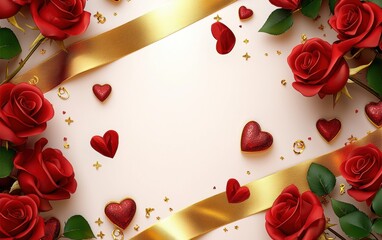 Delicate Valentines Day background with fresh red roses, a golden ribbon, and a customizable text area