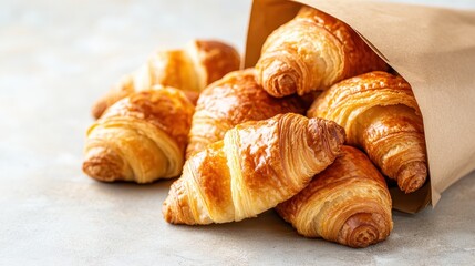 A warm, inviting display of golden croissants freshly baked and nestled in a brown paper bag, symbolizing comfort and indulgence in delightful culinary creations.