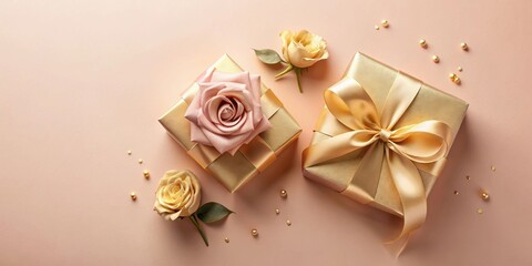 Elegant gold gift boxes adorned with delicate roses and gold accents on a soft blush background
