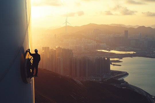 A lone worker silhouetted against a stunning sunset overlooking a sprawling cityscape and a wind turbine.