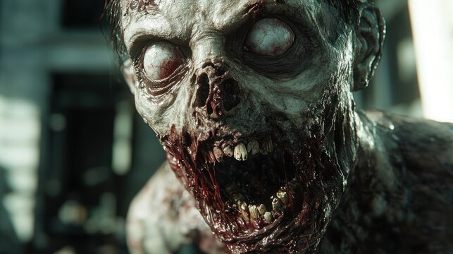 Eerie close-up of a zombie emerging from the shadows in an abandoned urban area at dusk. Generative AI