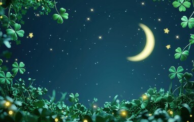 Obraz premium Dreamy Saint Patrick Day moonlit scene with glowing shamrocks, twinkling stars, and a poetic blank space for text