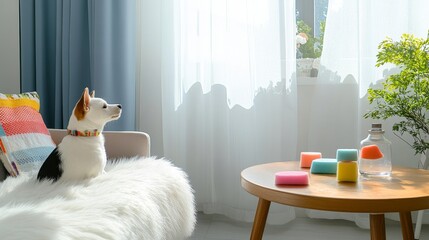 Cozy Indoor Scene with Dog Near Window and Colorful Objects