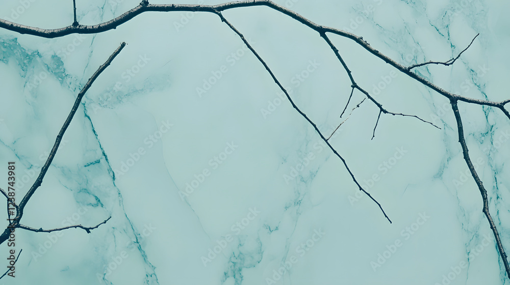 Poster a close-up image of dark, bare branches against a soft, textured teal background, creating a serene 