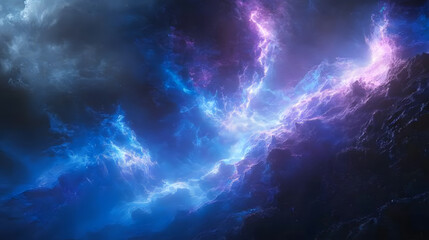Fototapeta premium A vibrant cosmic scene featuring swirling clouds of blue and purple, illuminated by bursts of light, evoking a sense of mystery and wonder
