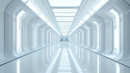 Fototapeta premium Long White Futuristic Corridor With Arches And Bright Lights Stretching Into The Distance