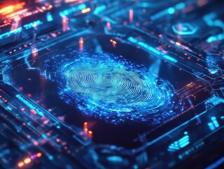 Fototapeta premium futuristic biometric security interface, glowing fingerprint scan, cybersecurity visualization, neon blue tech aesthetic