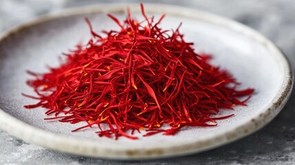 Fototapeta premium Saffron threads displayed on a white ceramic plate in a cozy kitchen setting on a sunny afternoon. Generative AI