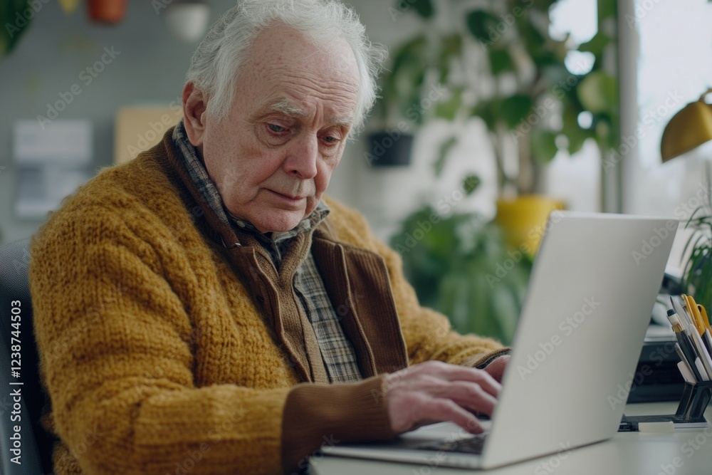 Poster a person sitting at a desk with a laptop open, working or browsing