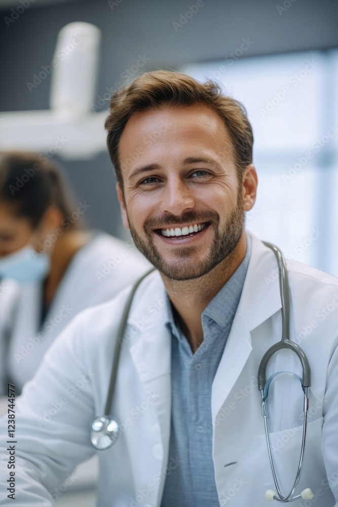 Poster a professional scientist sits at his desk with various scientific instruments and equipment, ready t