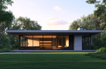 A contemporary single-story house features large glass windows that offer views of a tranquil garden