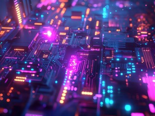 Fototapeta premium futuristic quantum computing motherboard with holographic ai neural patterns, glowing circuit pathways in neon blue and purple, intricate nano-scale details with floating data fragments