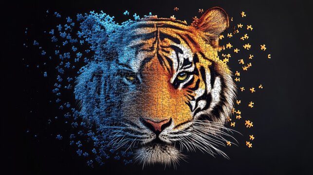 Tiger face made of puzzle pieces fading into vibrant colors against black background. Generative AI