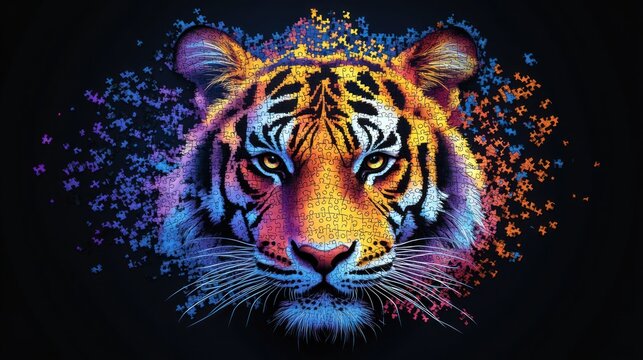 Colorful tiger face made of puzzle pieces against a dark background with vibrant hues and details. Generative AI