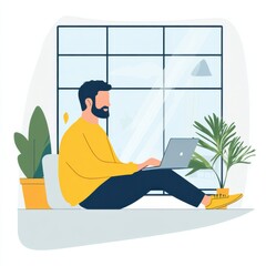 Fototapeta premium Man Working on Laptop by Window Plants Indoor Light Home Office Digital Life Remote Job Modern Style