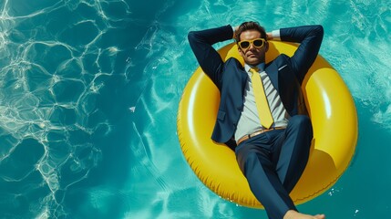 Confident Businessman Relaxing on Yellow Inflatable Ring in Blue Pool for Work-Life Balance, Luxury Lifestyle, and Vacation Concept