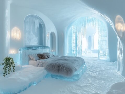 A serene icy bedroom crafted entirely from ice and snow with fur blankets
