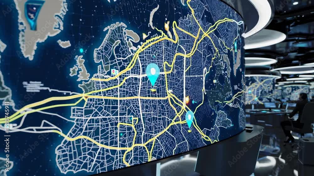 Aufkleber high-tech surveillance control room with interactive map displays in a modern facility
