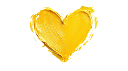 Yellow heart painted with brush strokes on transparent background