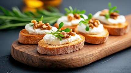 A gourmet platter of bruschetta topped with cream cheese and walnuts, presented on a wooden board, symbolizing culinary art and excellence in food presentation.