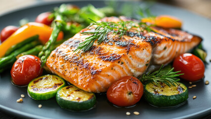 Grilled Salmon with Mixed Vegetables on Plate