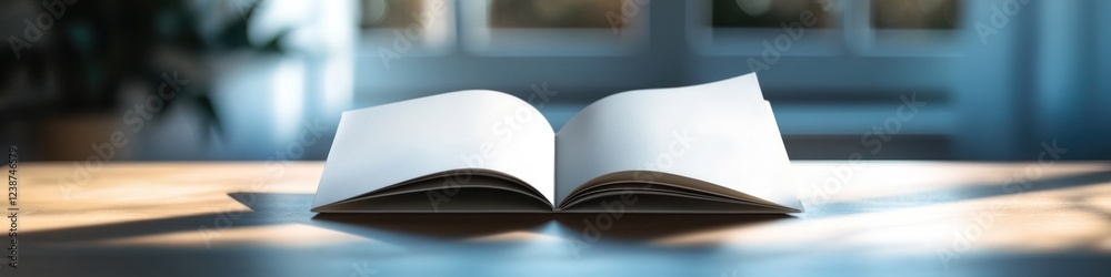 Poster A book lying open on a wooden table with a rustic background